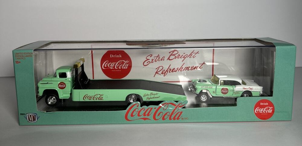 M2 Machines Auto Hauler TW11 COCA COLA 1958 CHEVY SPARTAN & 1955 BEL AIR GASSER